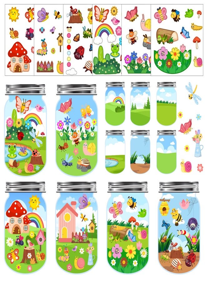 AMCEMIC 24Set Spring Craft Kits for Kids Make A Summer Bugs Stickers Scene, DIY Summer Craft Jar Sticker Butterfly Flower Bee Mushroom Insect Bulk Set Make Your Own Scene for Home Classroom Game Activities - Image 1